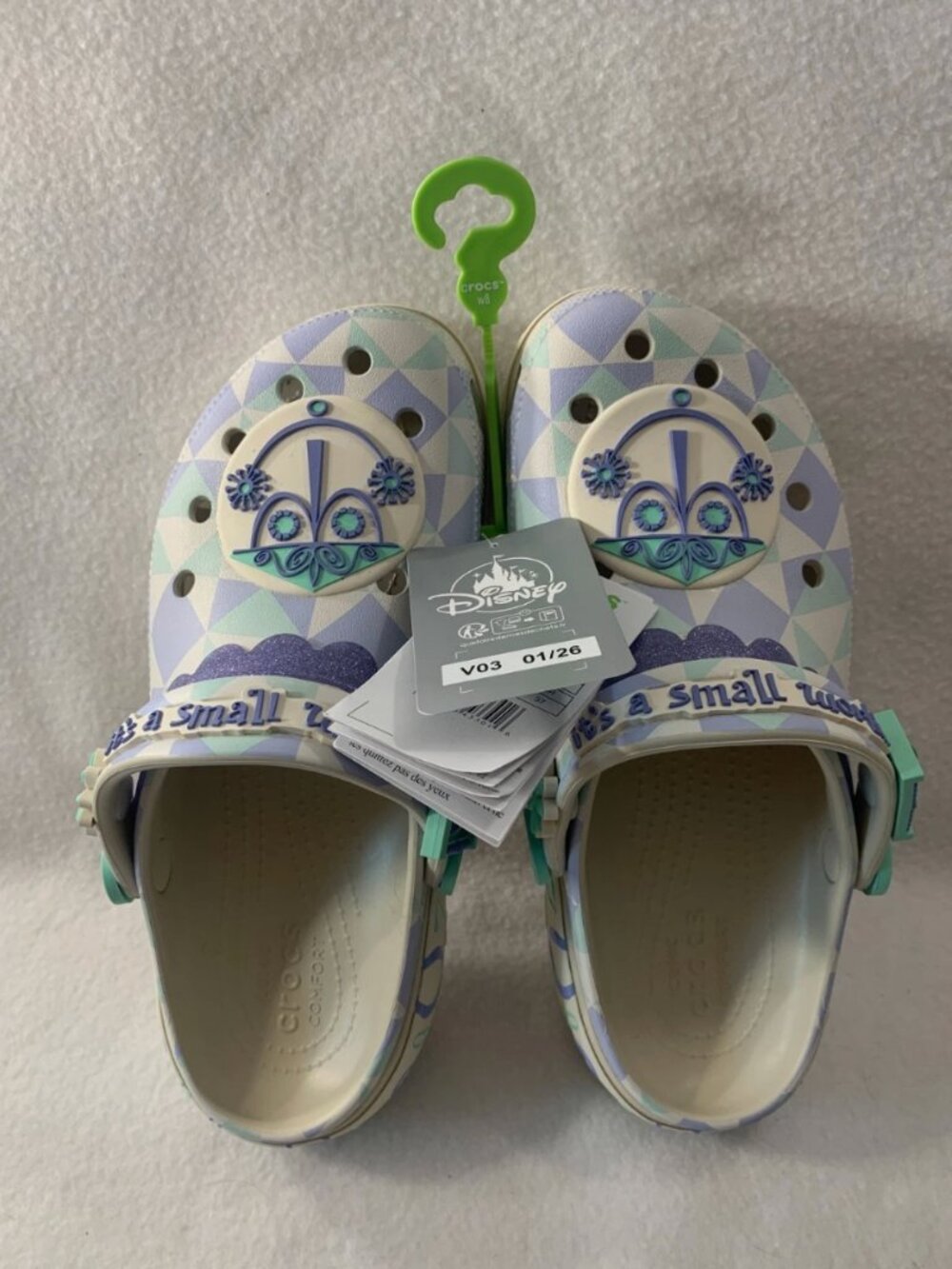 NWT Disney Parks Crocs It's a Small World Clogs Women Size 8